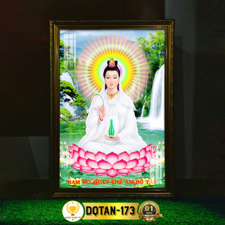 Tranh quan thế âm bồ tát ngồi có đèn chân thiện mỹ, trang trí bàn thờ treo tường cùng tượng phật dqtan-173
