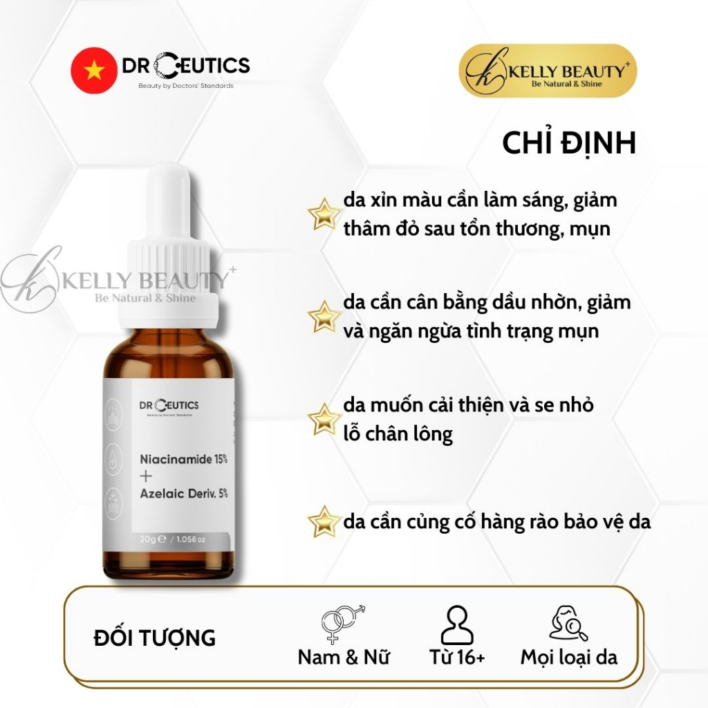 Serum Vitamin B3 15% DrCeutics - Giảm Mụn, Sáng Da, Mờ Thâm Sạm Nám - Niacinamide 15% + Azelaic 5% | Kelly Beauty