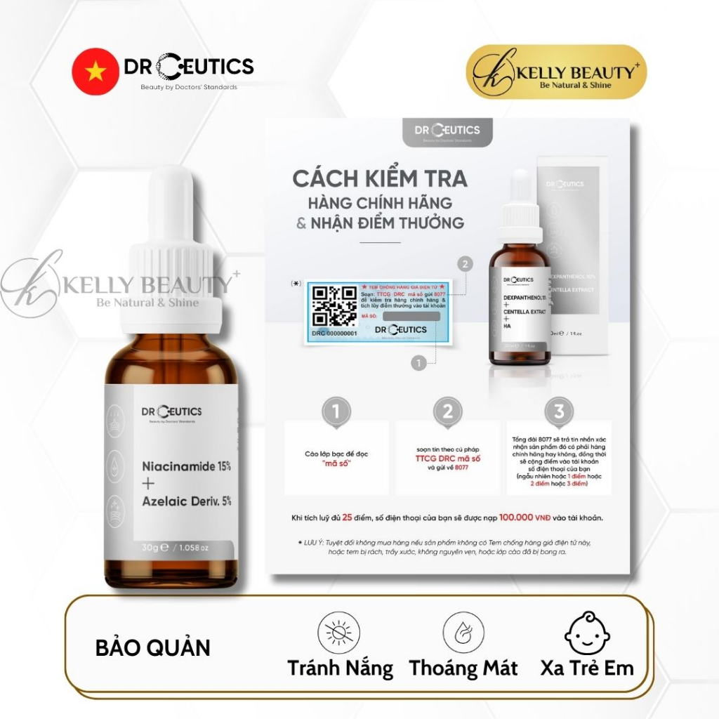 Serum Vitamin B3 15% DrCeutics - Giảm Mụn, Sáng Da, Mờ Thâm Sạm Nám - Niacinamide 15% + Azelaic 5% | Kelly Beauty