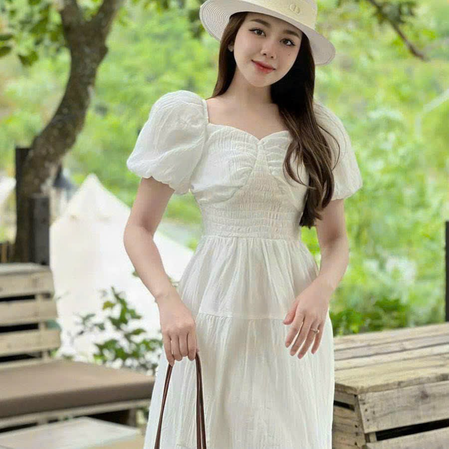 Đầm váy nữ xòe tay phồng nhún eo với 4 tone màu nổi bật, tôn da dành cho các nàng diện đi chơi, đi biển siêu xinh