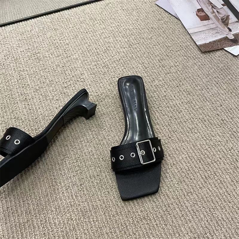 A03 Giày Gót Thấp Hở Ngón Phối Khóa Vuông Thời Trang Cho Nữ