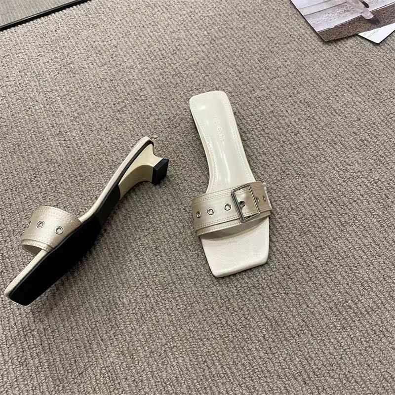 A03 Giày Gót Thấp Hở Ngón Phối Khóa Vuông Thời Trang Cho Nữ