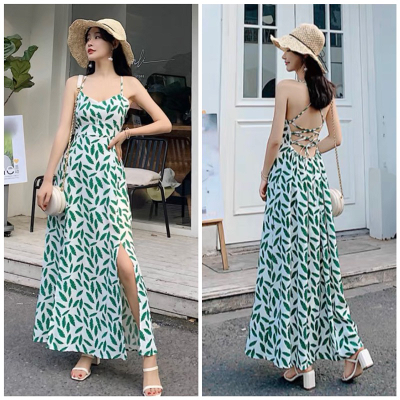 Đầm maxi đi biển chiếc lá đan dây sau (kèm hình thật)