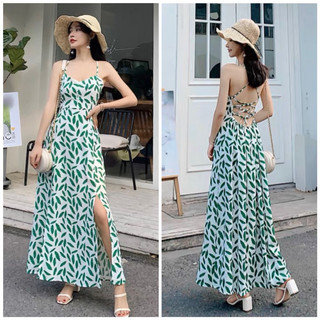 Đầm maxi đi biển chiếc lá đan dây sau