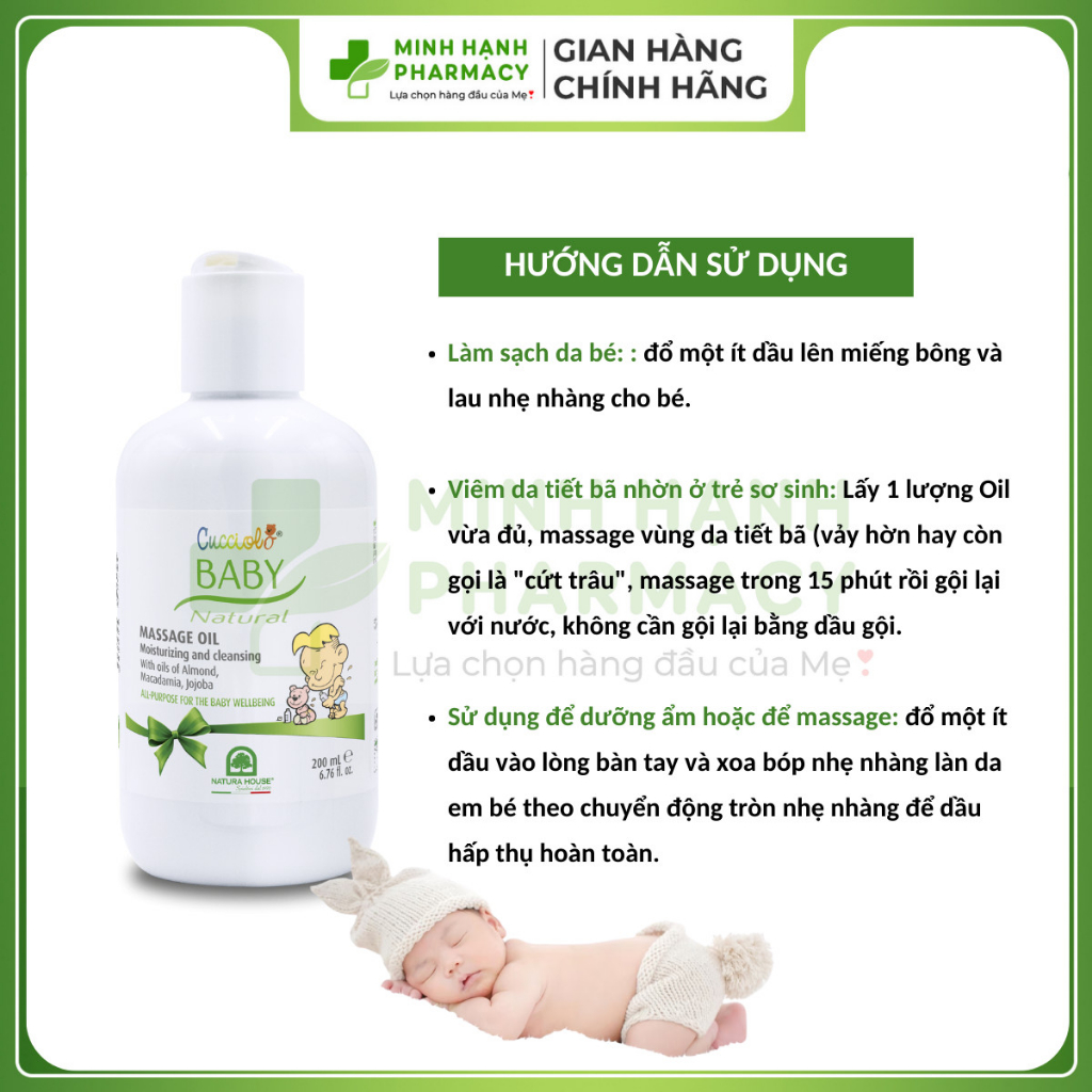 Dầu Massage Oil Baby Natural Cucciolo nhập khẩu Ý giúp dưỡng ẩm, bảo vệ tối đa làn da cho em bé - chai 200ml