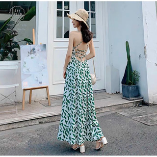 Đầm maxi đi biển chiếc lá đan dây sau (kèm hình thật)
