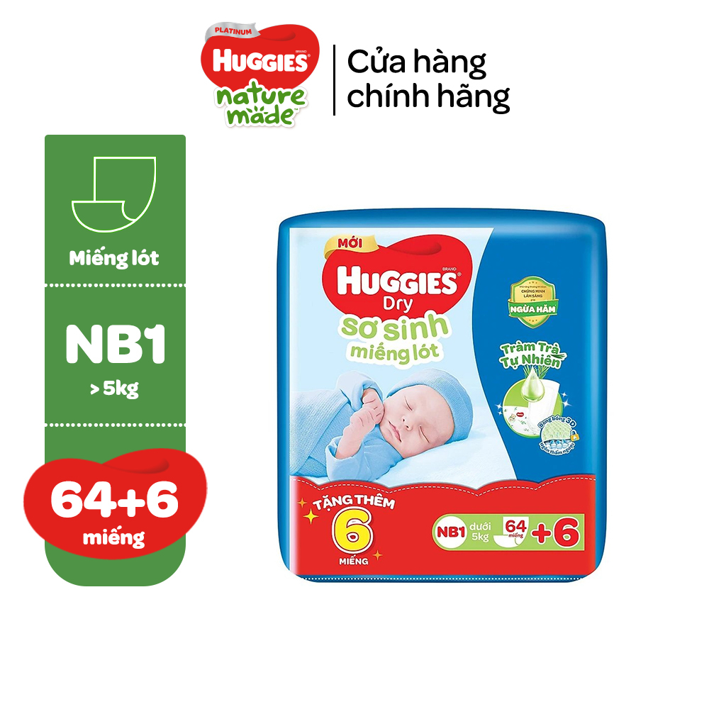 [Tặng kèm miếng] Miếng lót Sơ Sinh Huggies Tràm Trà NB1 64 miếng và 108 miếng