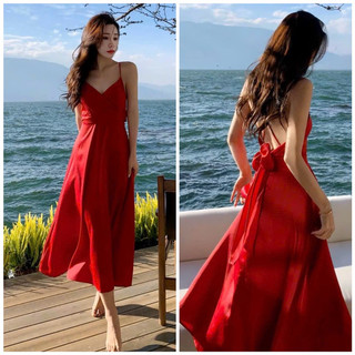 Đầm maxi đỏ nơ sau, váy đi biển, váy dự tiệc vnxk xuongvnxk