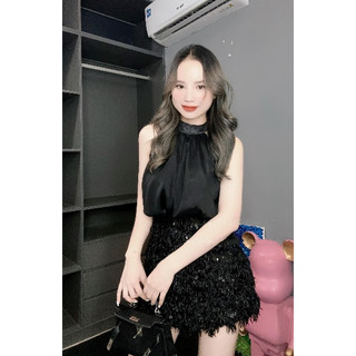  Set áo lụa nữ cổ yếm kèm chân váy lông nhũ kim sa dáng ngắn sexy đi tiệc 