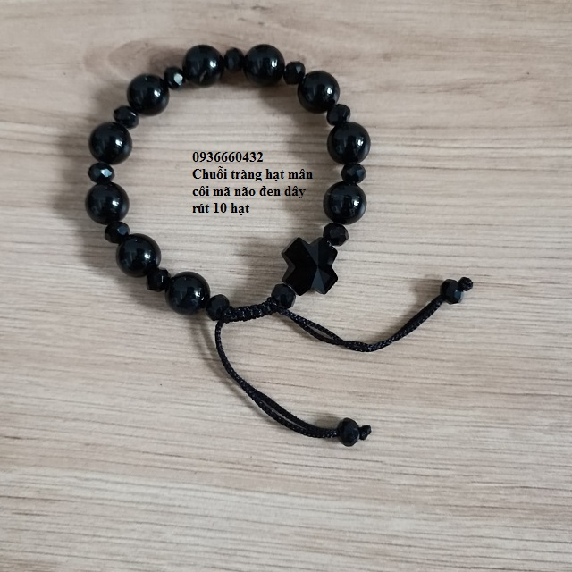 Chuỗi tràng hạt mân côi đeo tay mã não đen hạt tròn dây rút, khúc cách 10 hạt, Thánh giá đen hoặc gỗ in hình Chúa và Mẹ