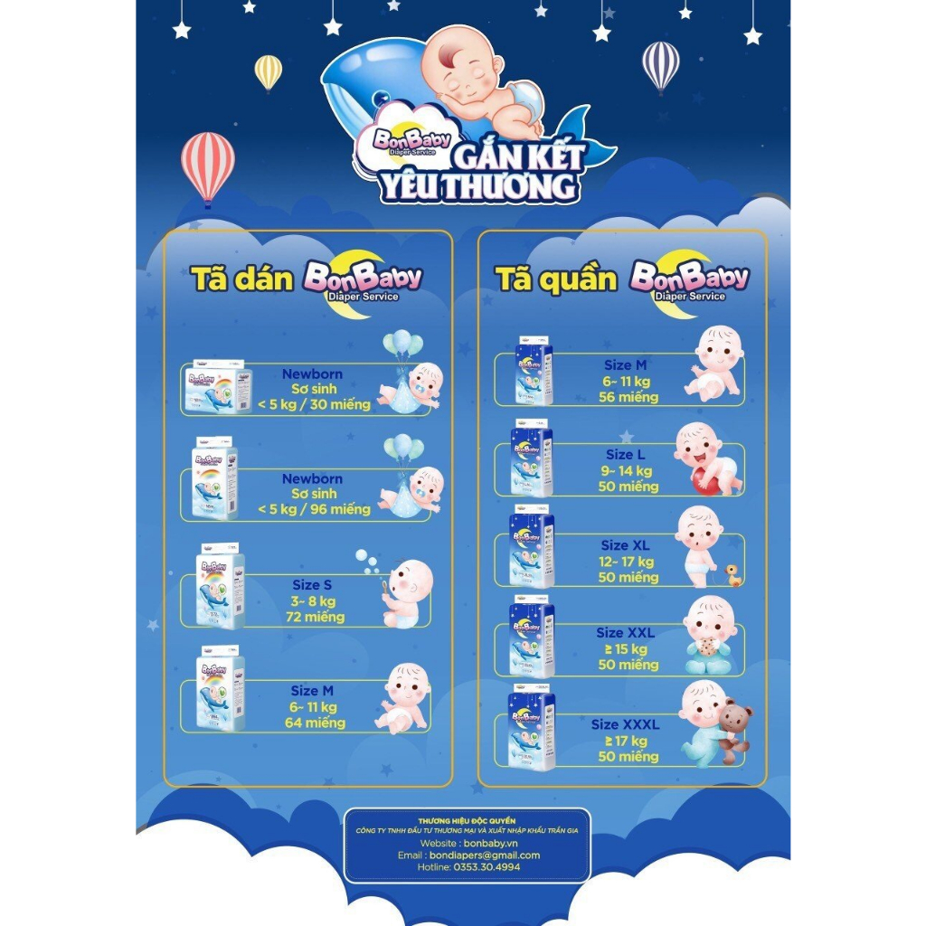 Tã/Bỉm Quần/Dán Bonbaby Cá Heo Công Nghệ Đệm Mây Mềm Mại Thoải Mái & Chống Hằn - Size NB30/NB96/S/M/L/XL/XXL/XXXL