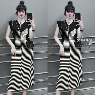 Đầm suông đen sọc sát nách giả yếm phối khóa kéo 0907