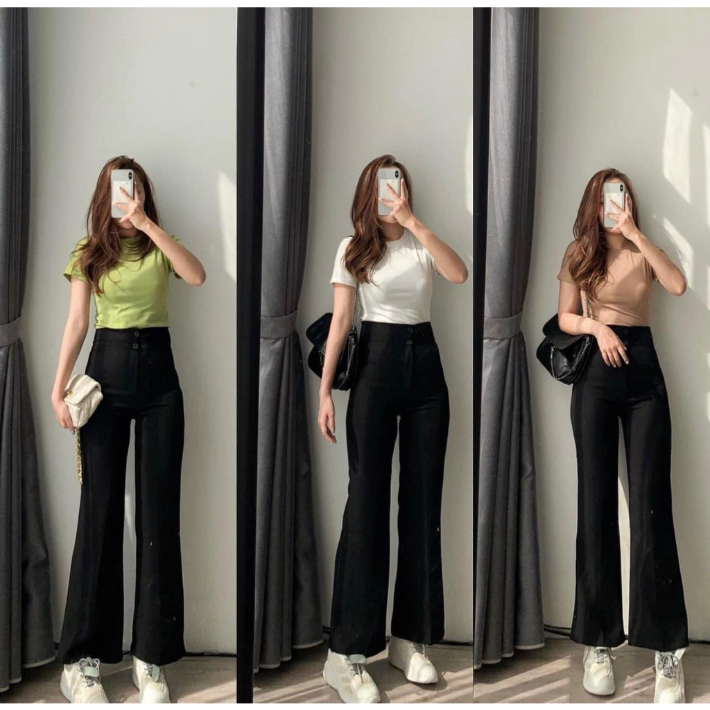 Quần nữ ống loe cạp cao lưng cao nữ công sở 2 cúc vải tuyết mưa