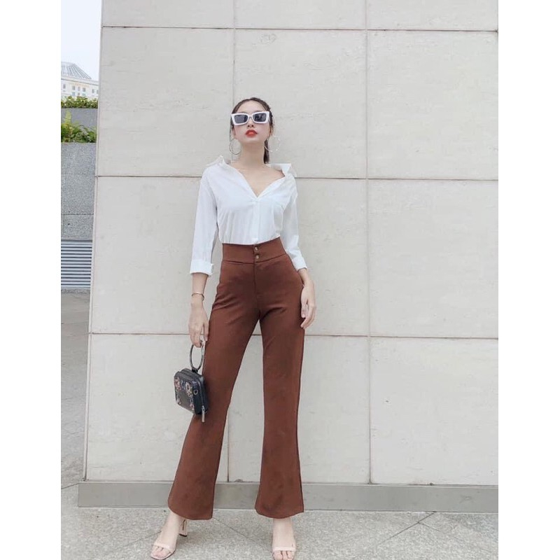 Quần nữ ống loe cạp cao lưng cao nữ công sở 2 cúc vải tuyết mưa