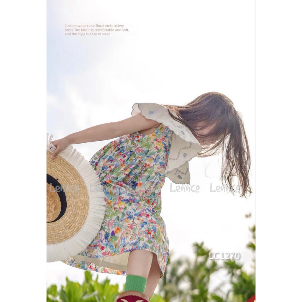 Váy bé gái hoa nhí chất thô Hàn siêu nhẹ - mềm mát. Vai cap điệu đà thêu hoa tinh tế. Size 1-10 Y