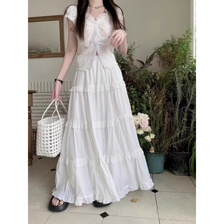 Set váy xoè tầng dài mềm mát và áo thô đục lỗ