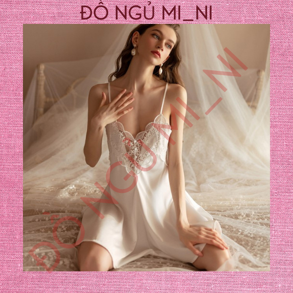 Váy Ngủ Nữ Lụa Ren Trơn Thoáng Mát Dáng Xuông Liền Thân_1m45-1m7, 40-55kg_Tặng Quần Lót, Che Tên Sản Phẩm VN01