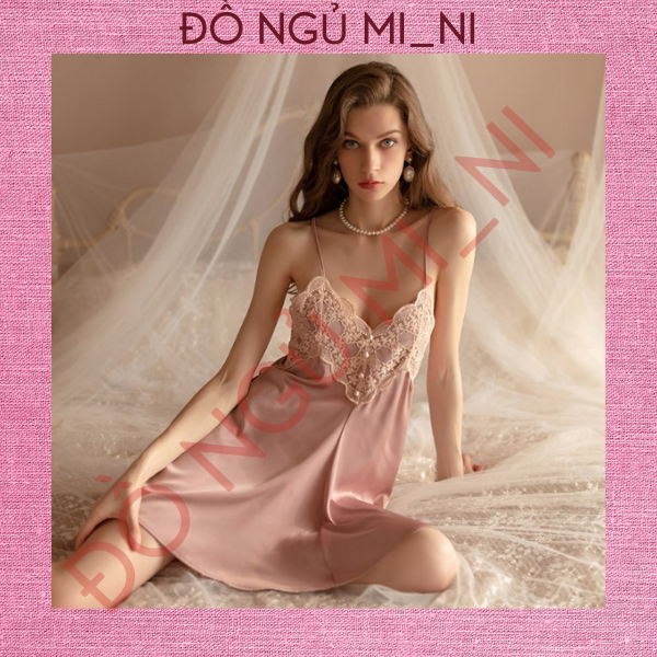 Váy Ngủ Nữ Lụa Ren Trơn Thoáng Mát Dáng Xuông Liền Thân_1m45-1m7, 40-55kg_Tặng Quần Lót, Che Tên Sản Phẩm VN01