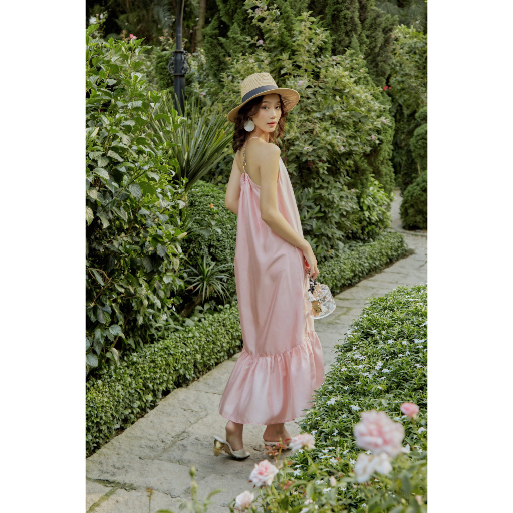 Đầm yếm maxi phối nhún phối khoen - Everluxe