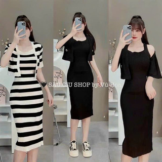 Đầm body ôm 2 dây bản to mix áo khoác gân tay ngắn crotop thun gân xinh xắn, đầm sát nách ôm body kem khoác sang chảnMTB