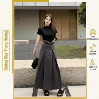  Chân Váy Dáng Dài Xếp Ly Hai Màu Đen Ghi Lên From Xinh Dài 90cm Ms01 