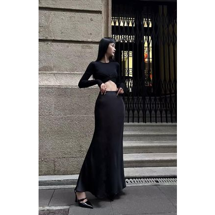 Set váy ôm dáng dài phối áo thun gân xoắn eo