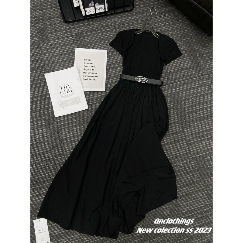 Váy liền áo zip phối chân xoè dáng dài,váy maxi hottrend, kèm đai