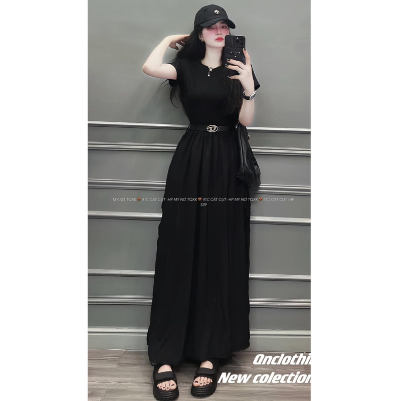 Váy liền áo zip phối chân xoè dáng dài,váy maxi hottrend, kèm đai