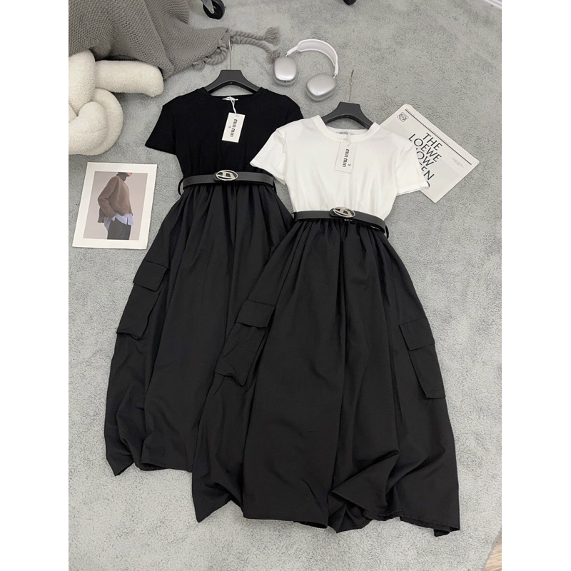 Váy liền áo zip phối chân xoè dáng dài,váy maxi hottrend, kèm đai