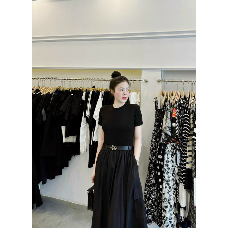 Váy liền áo zip phối chân xoè dáng dài,váy maxi hottrend, kèm đai