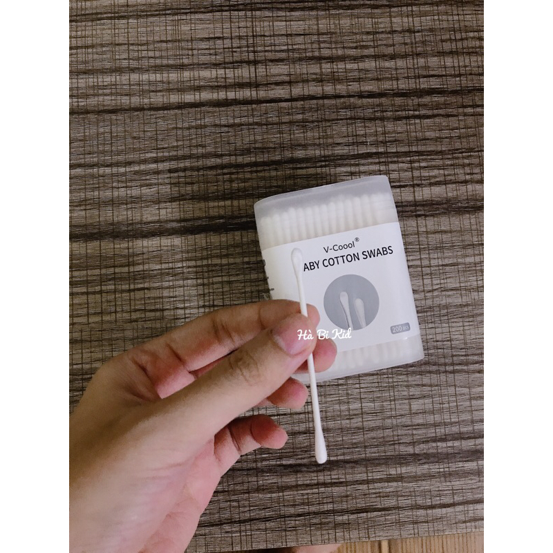 Tăm bông cho bé sơ sinh VCoool, hộp 200 que, bông tự nhiên kháng khuẩn an toàn cho trẻ, sử dụng tiện lợi Habikid