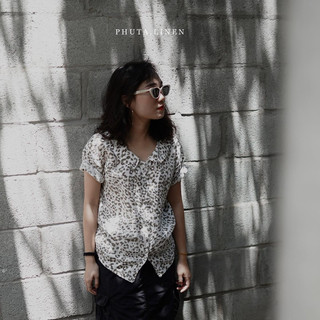 Áo sơ mi tay ngắn - linen - dul shirt - hoạ tiết beo - phuta
