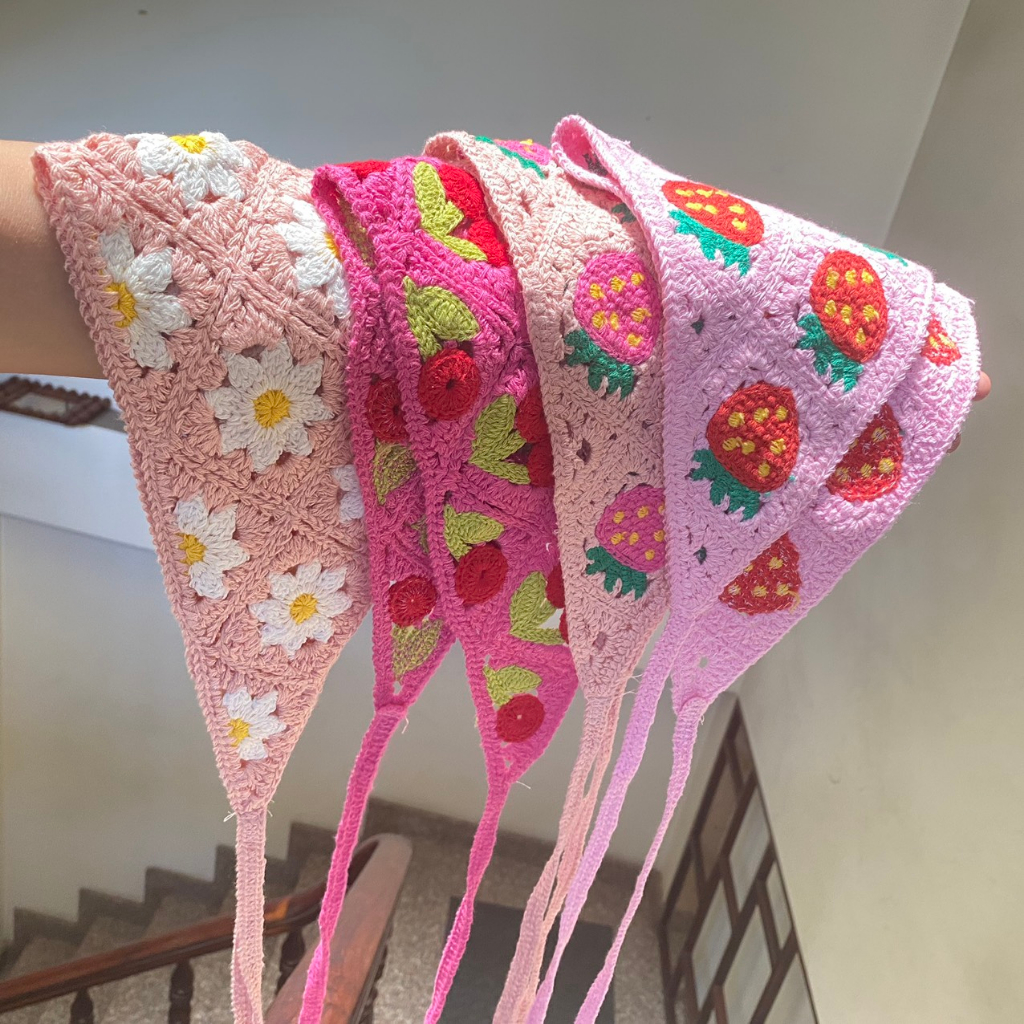 Băng đô đan len, Khăn trùm đầu, băng đô tam giác thêu đội đầu dễ thương