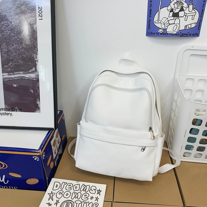 Balo da PU chống nước thời trang nam nữ ulzzang da trơn 3 màu size 40cm đựng sách vở-laptopp