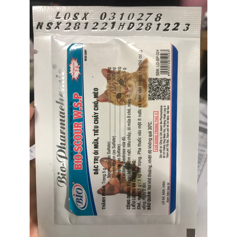 Bio-Scour W.S.P 5g Bột Hòa Tan Hoặc Trộn Thức Ăn - Tiêu Chảy Chó, Mèo