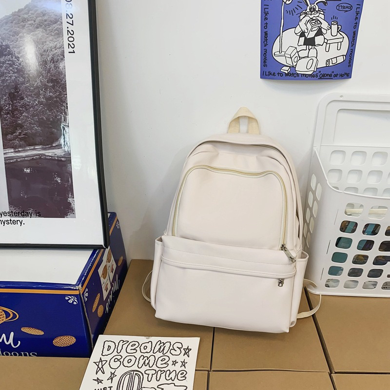 Balo da PU chống nước thời trang nam nữ ulzzang da trơn 3 màu size 40cm đựng sách vở-laptopp