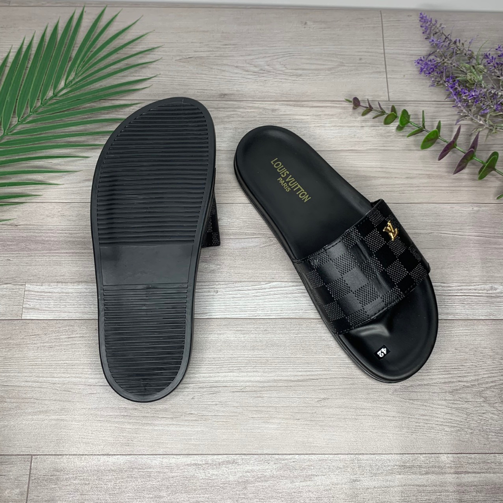 Dép thời trang nam LV quai da, dép LV cao cấp đế hai lớp