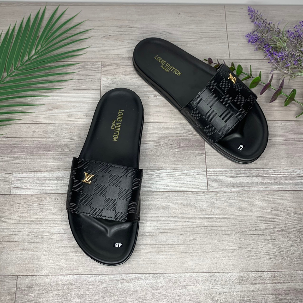 Dép thời trang nam LV quai da, dép LV cao cấp đế hai lớp