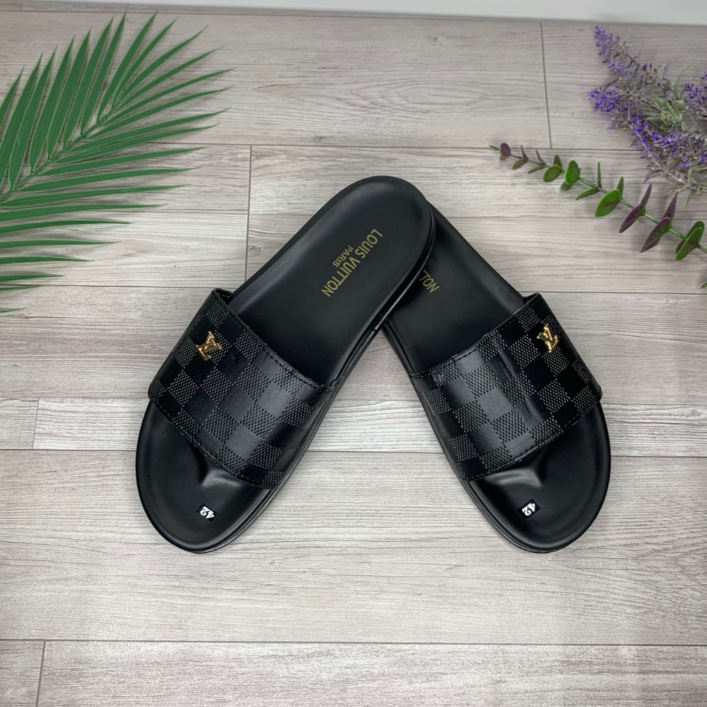 Dép thời trang nam LV quai da, dép LV cao cấp đế hai lớp