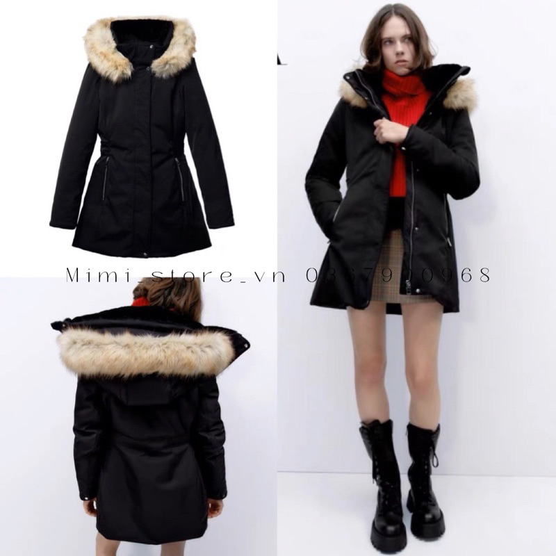 Áo khoác parka nữ lót lông đen ZR xuất VIP chuẩn TQXK
