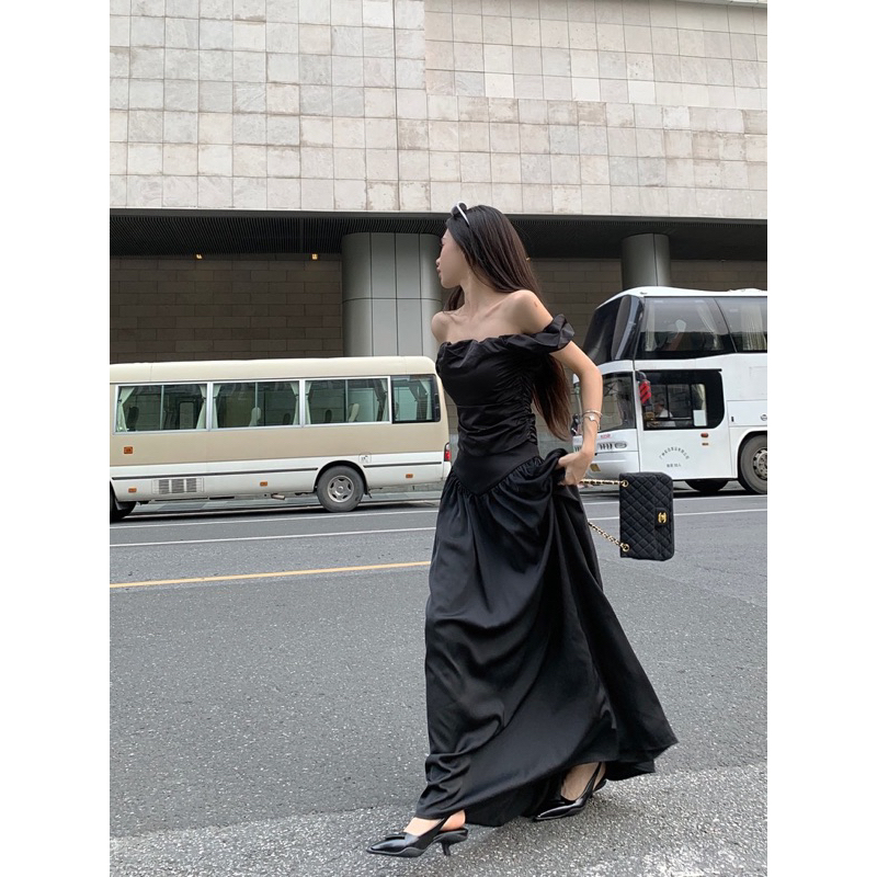 Set áo trễ vai + chân váy dài tiểu thư siêu hot