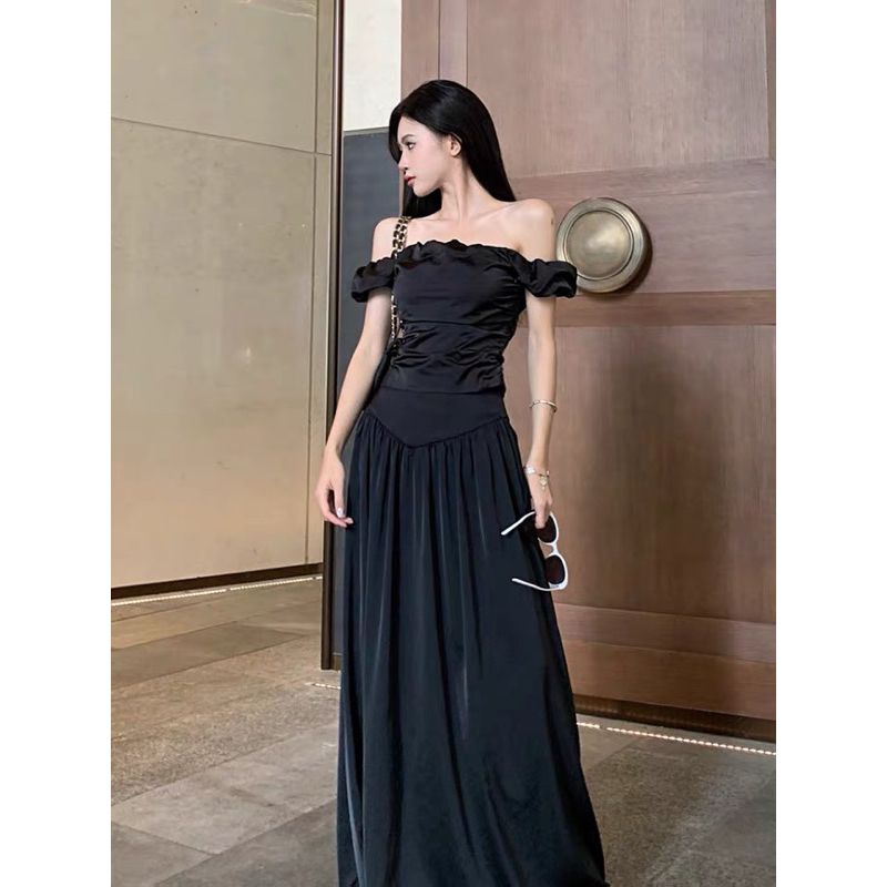 Set áo trễ vai + chân váy dài tiểu thư siêu hot