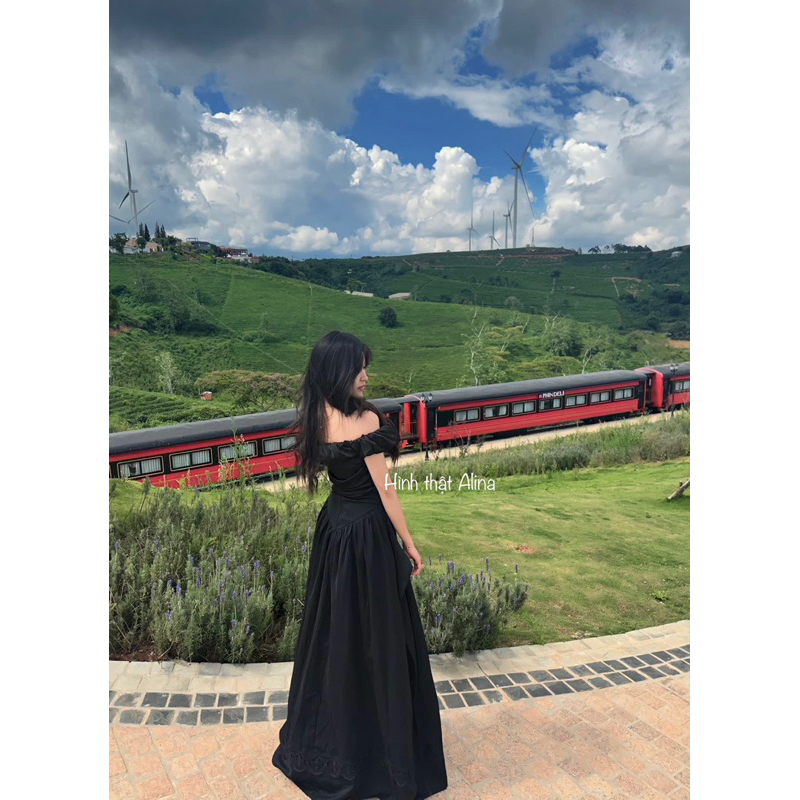 Set áo trễ vai + chân váy dài tiểu thư siêu hot