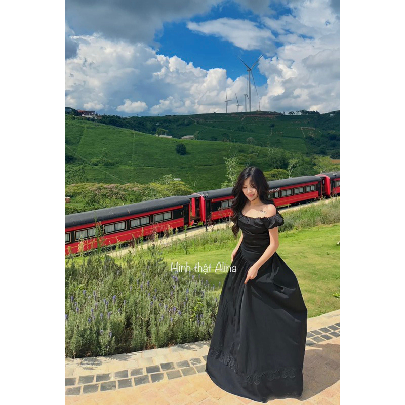 Set áo trễ vai + chân váy dài tiểu thư siêu hot