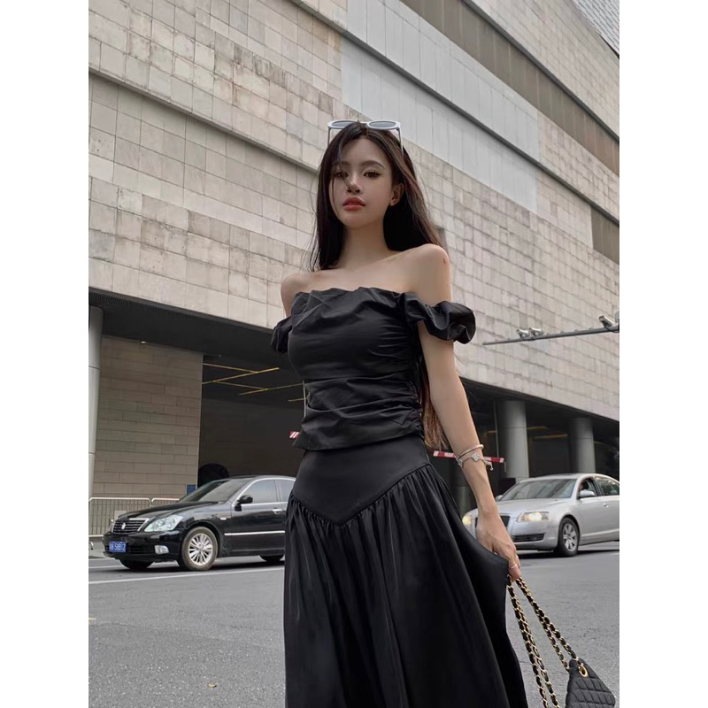 Set áo trễ vai + chân váy dài tiểu thư siêu hot