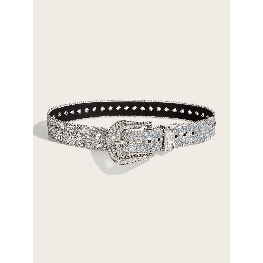 Thắt lưng đính đá toàn thân dây nịt màu trắng và đen THÂN ĐÍNH LỖ NGÔI SAO phong cách y2k hip hop sáng