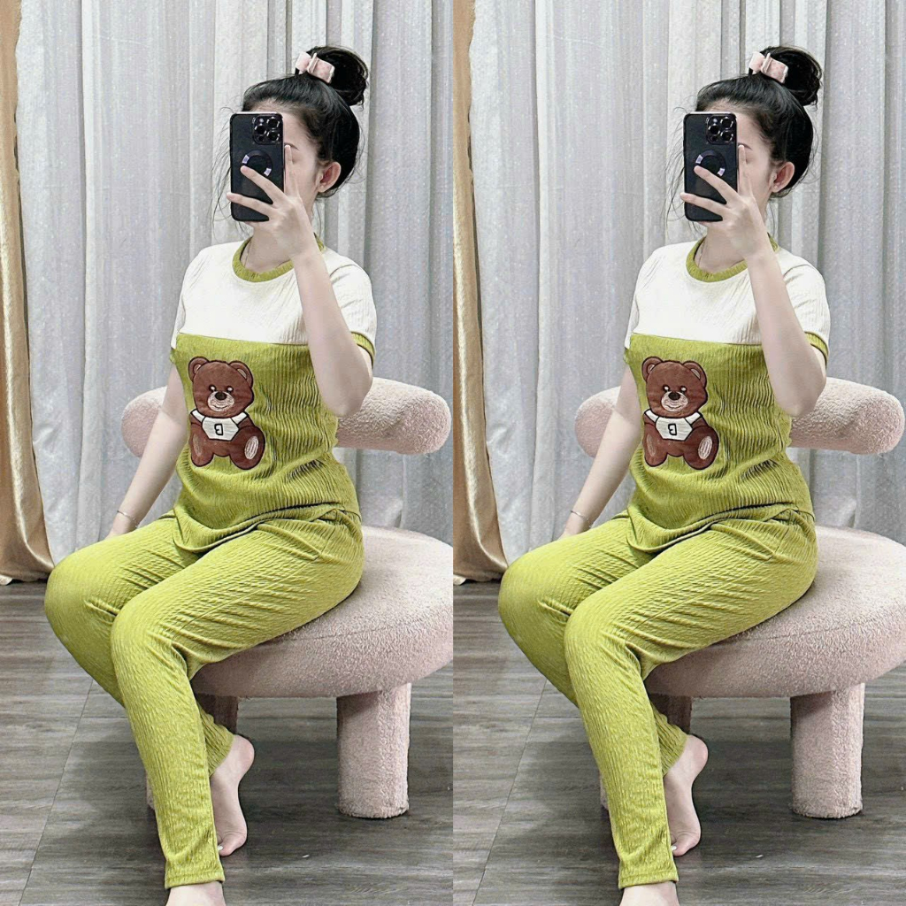 Set bộ thun xốp nhật loại 1 áo cổ tròn phối màu thêu hình họa tiết gấu kèm quần ống suông ôm dáng, đồ bộ mặc nhà đi choi