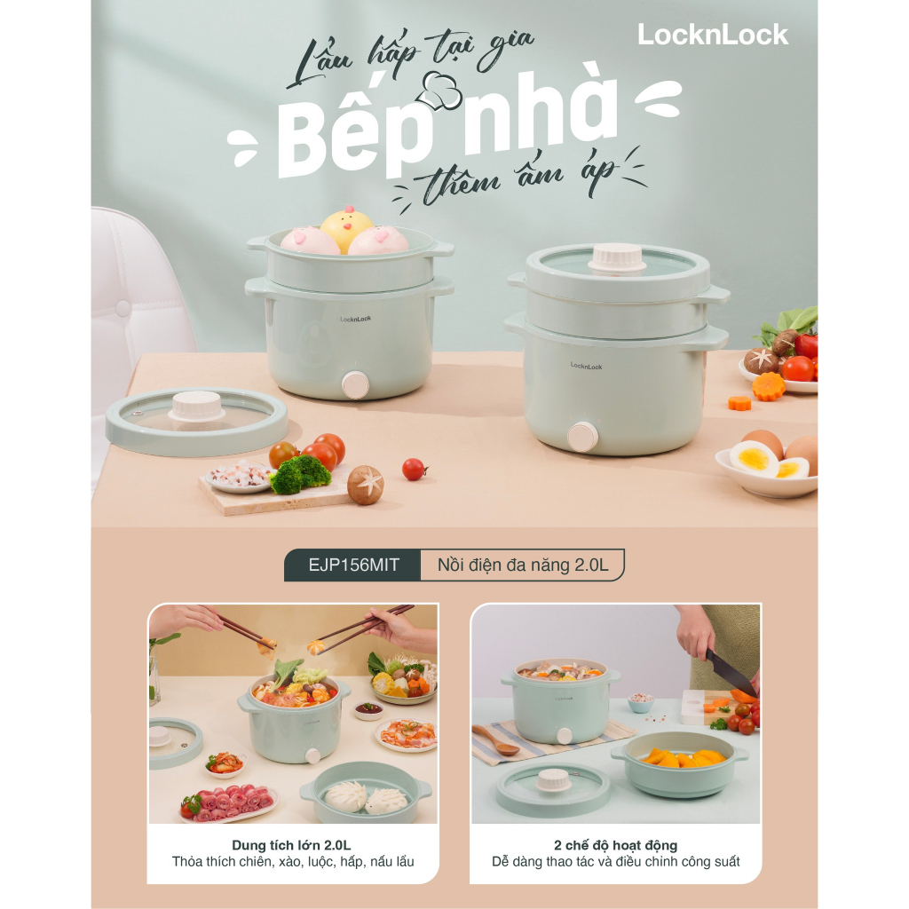 🌺 NỒI ĐIỆN ĐA NĂNG CHỐNG DÍNH LOCKNLOCK ELECTRIC MULTI POT EJP156MINT- 2L