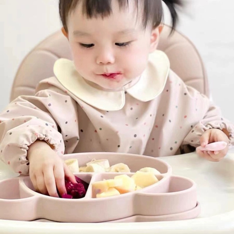 Khay Gấu Silicon Mumbebe Có Nắp Đậy Cho Bé Ăn Dặm, Khay Ăn Dặm Chia Ngăn Cao Cấp Cho Trẻ Mamabu