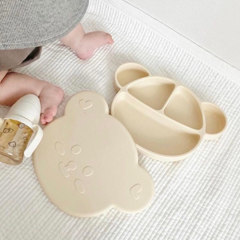 Khay Gấu Silicon Mumbebe Có Nắp Đậy Cho Bé Ăn Dặm, Khay Ăn Dặm Chia Ngăn Cao Cấp Cho Trẻ Mamabu